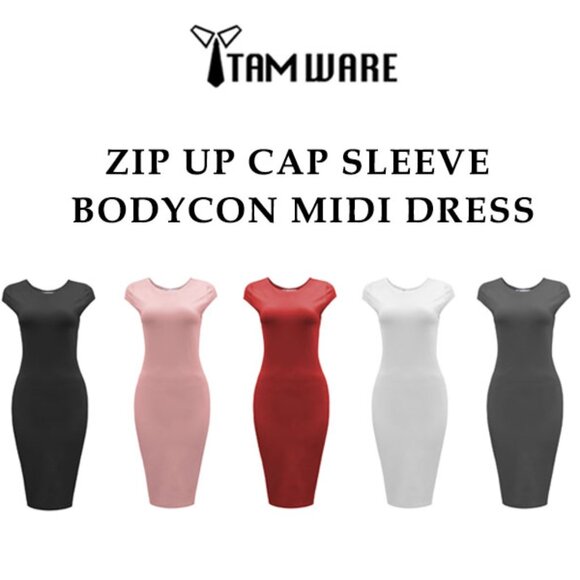 NWT White Zip Up Cap Sleeve Bodycon Midi Dress Small - Picture 2 of 4
